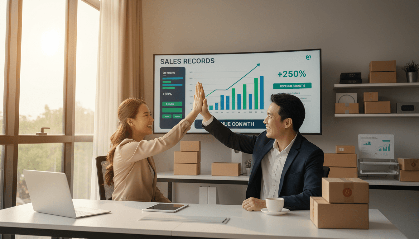 Business owner and consultant celebrating with handshake in front of monitor displaying impressive sales growth charts