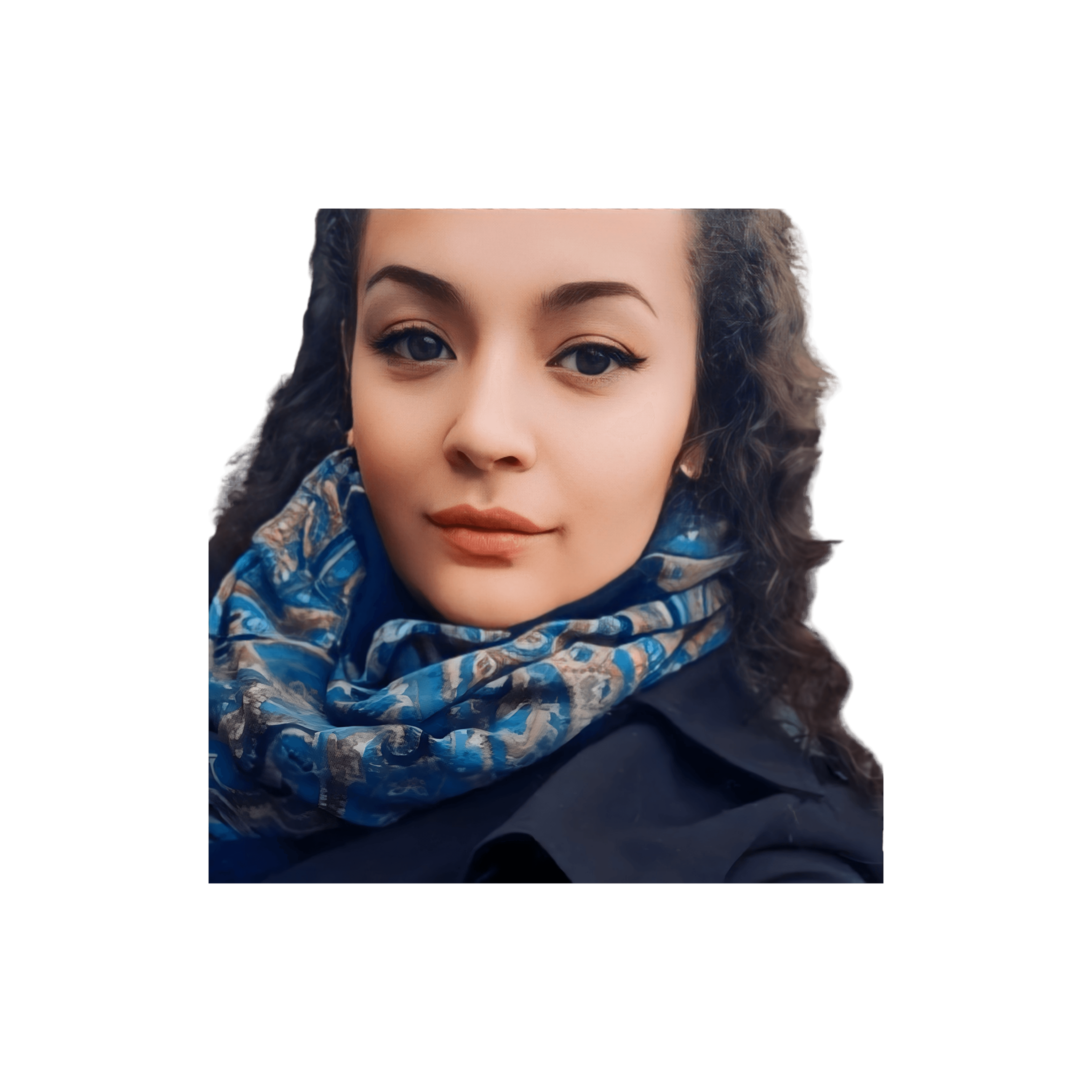 Young woman with dark curly hair wearing a blue patterned scarf and dark coat.
